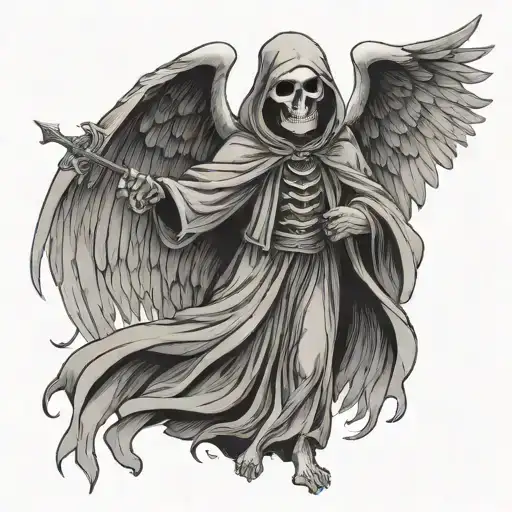 grim reaper pointing with angel wings spread wings tattoo design idea