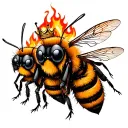 5 bees. 1 with burning head 1 with eyebrows 1 with crown 1 are crazy and last just cute tattoo design idea