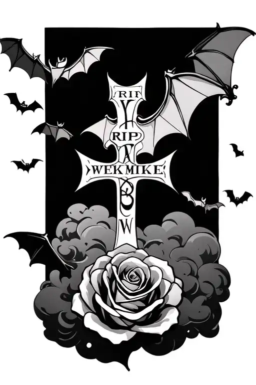 small bats, rip Big Mike words, smoky clouds, rose, cross tattoo design idea