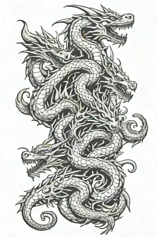 2 adult dragons and 4 young dragons intertwined tattoo design idea