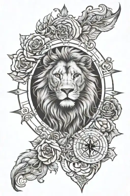 lion, compass, rose in the middle and inkh tattoo design idea