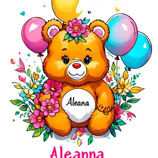 care bear with flowers and balloons with the name aleana tattoo design idea