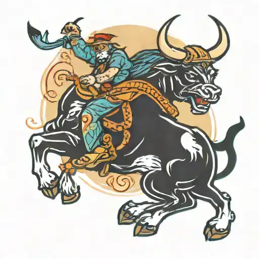 cat riding a bull tattoo design idea