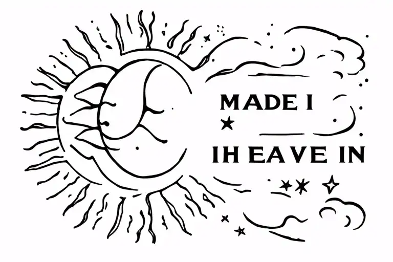 Horizontal back tattoo. Sun, crescent moon, and stars with a smoke trail background and the words MADE IN HEAVEN  tattoo design idea