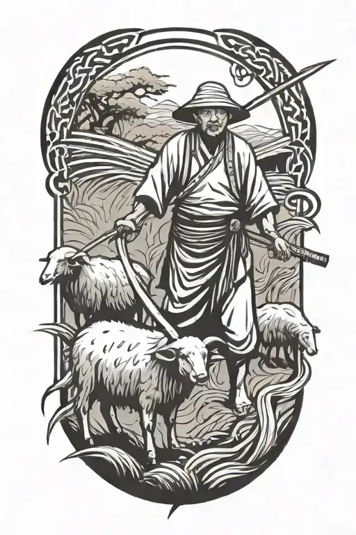 Chinese farmer with a scythe and black sheep tattoo design idea