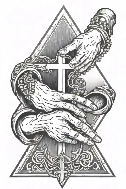 an inverted triangle with two united hands praying inside, around the hands there is a rosary involving them.  tattoo design idea