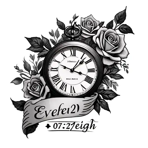 sleeve tat of daughters name Everleigh, analog clock showing 3:47am, along with a scroll with 07-27-2020, also roses tattoo design idea