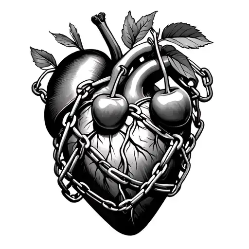 cherries next to heart organ with chains wrapped around squeezing the middle tight tattoo design tattoo design idea