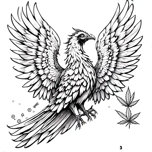 Thin lined, phoenix with Ketamine molecule hidden in one wing and THC molecule hidden in the other wing. tattoo design idea