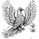 Thin lined, phoenix with Ketamine molecule hidden in one wing and THC molecule hidden in the other wing. tattoo design idea