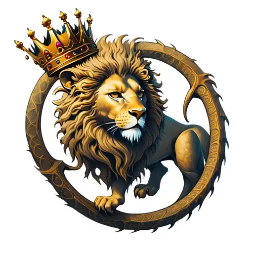 lion wearing a crown in a Ouroboros dragon tattoo design idea