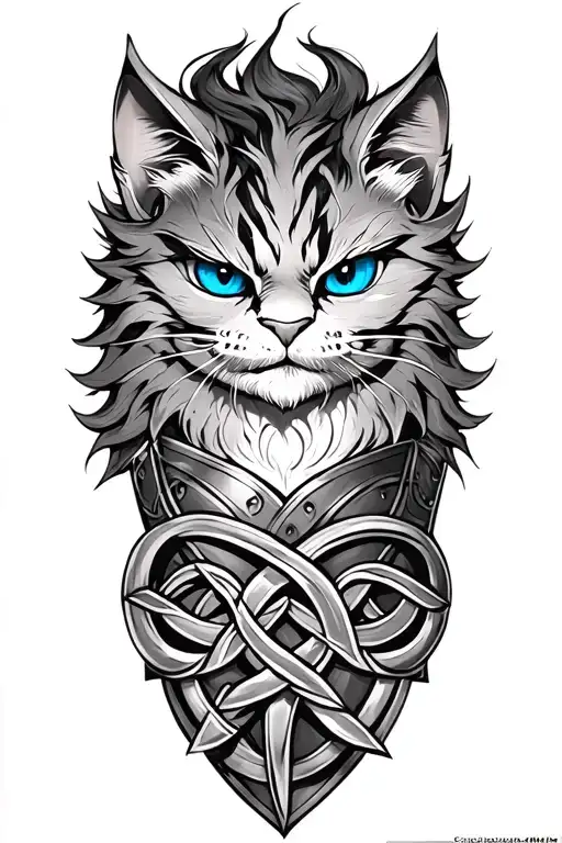 evil cheshire cat with blue eyes on armor tattoo design featuring Celtic trinity knot  tattoo design idea