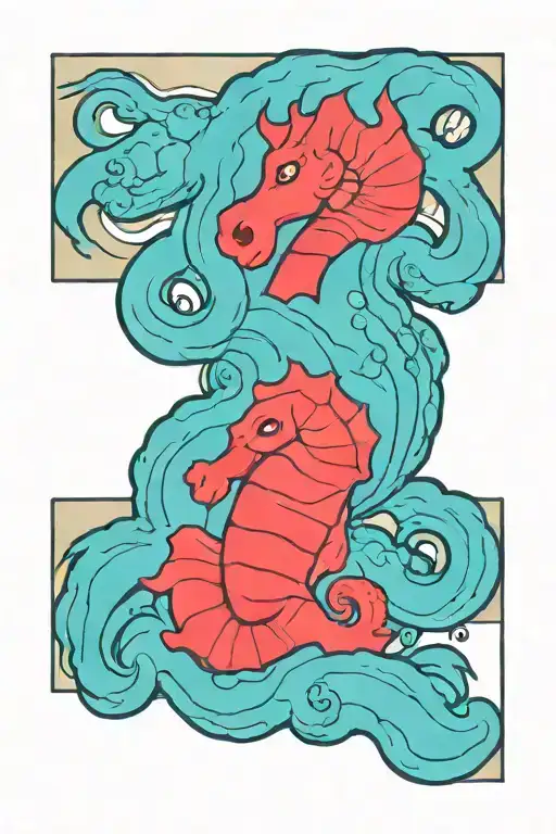old school style, pregnant sea horse, miyazaki like lines, colourful sketch tattoo design idea