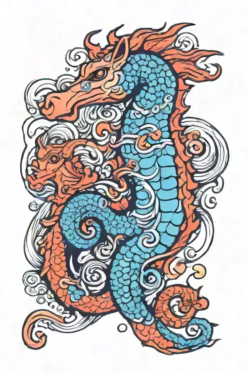 old school style, pregnant sea horse, miyazaki like lines, colourful sketch tattoo design idea