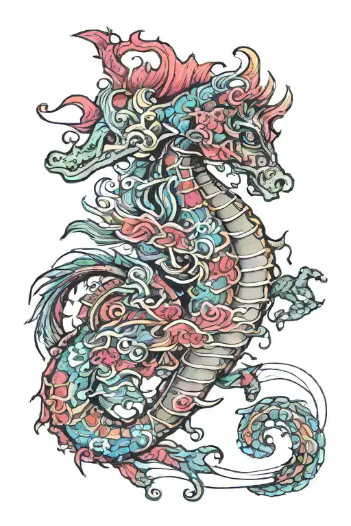 old school style, pregnant sea horse, miyazaki like lines, colourful sketch tattoo design idea