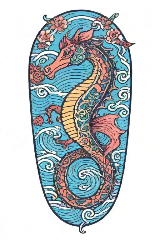 old school style, pregnant sea horse, miyazaki like lines, colourful sketch tattoo design idea