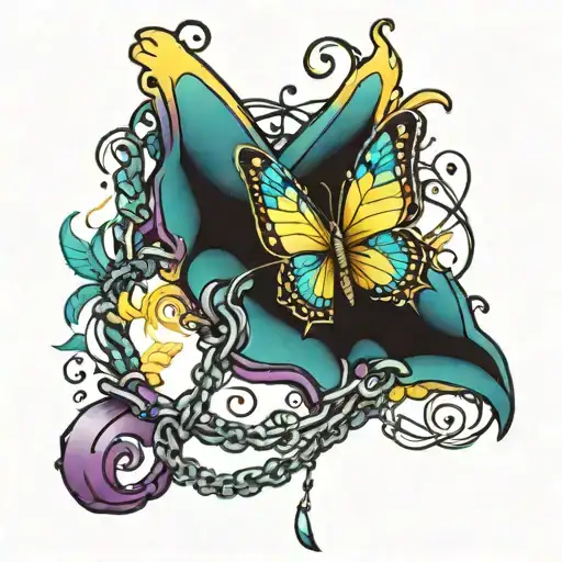 A yellow, Purple, and teal butterfly breaking free from chains for suicide and PNES awareness tattoo design idea
