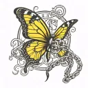 A yellow butterfly breaking free from chains, symbolizing overcoming struggles in mental health and PNES awareness tattoo design idea