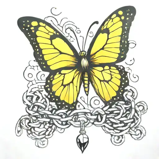 A yellow butterfly breaking free from chains, symbolizing overcoming struggles in mental health and PNES awareness tattoo design idea