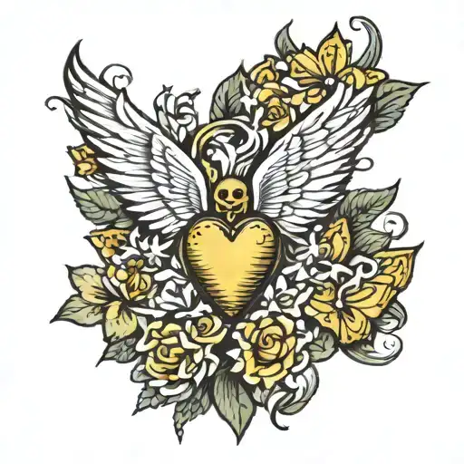 A traditional style tattoo of a heart with wings, where the wings are made up of yellow butterflies, representing hope and healing tattoo design idea