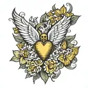 A traditional style tattoo of a heart with wings, where the wings are made up of yellow butterflies, representing hope and healing tattoo design idea