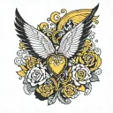 A traditional style tattoo of a heart with wings, where the wings are made up of yellow butterflies, representing hope and healing tattoo design idea