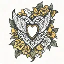 A traditional style tattoo of a heart with wings, where the wings are made up of yellow butterflies, representing hope and healing tattoo design idea
