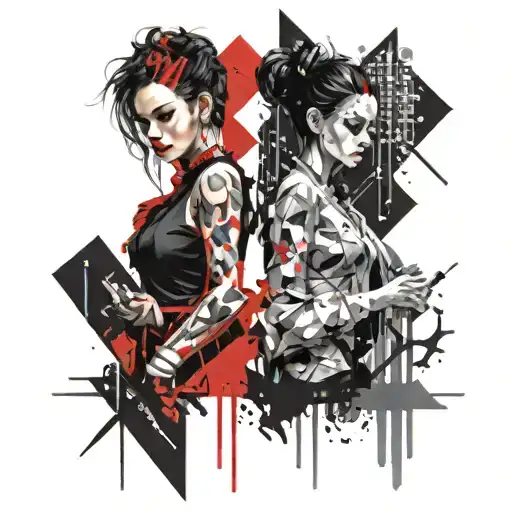 twin Gemini girls defying law or science and breaking their minds and reality free from the matrix tattoo design idea