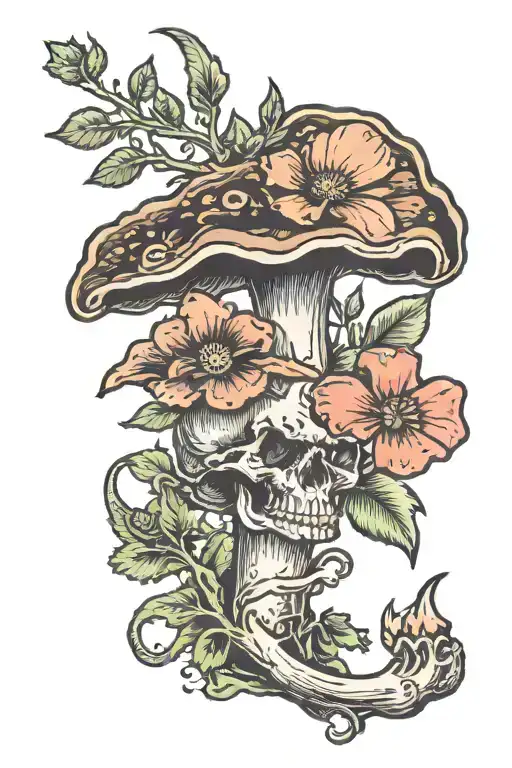 flower growing from dead mushroom tattoo design idea