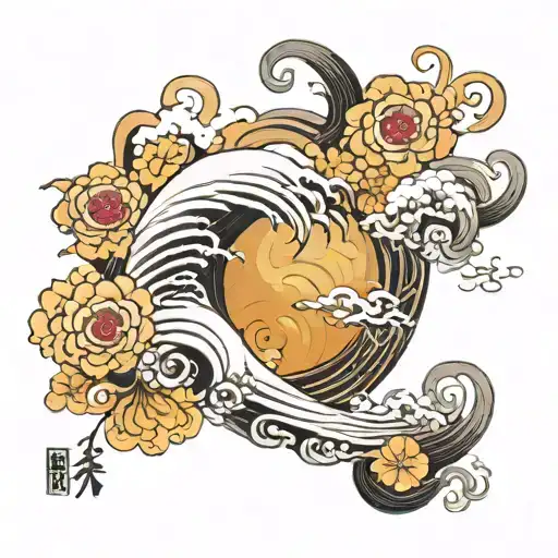 japanese style, chinese style, cloud, wave, flower, black and white tattoo design idea