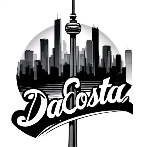 the name DaCosta in script with the cn tower Toronto skyline written into it tattoo design idea