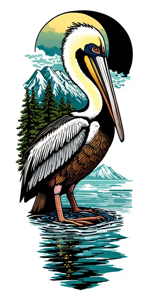 Mountians, Flowing water, Pine trees, Brown pelican tattoo design idea