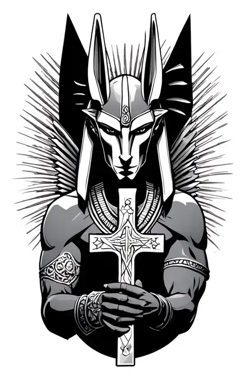 anubis horus holding a catholic cross incorporated tattoo design idea
