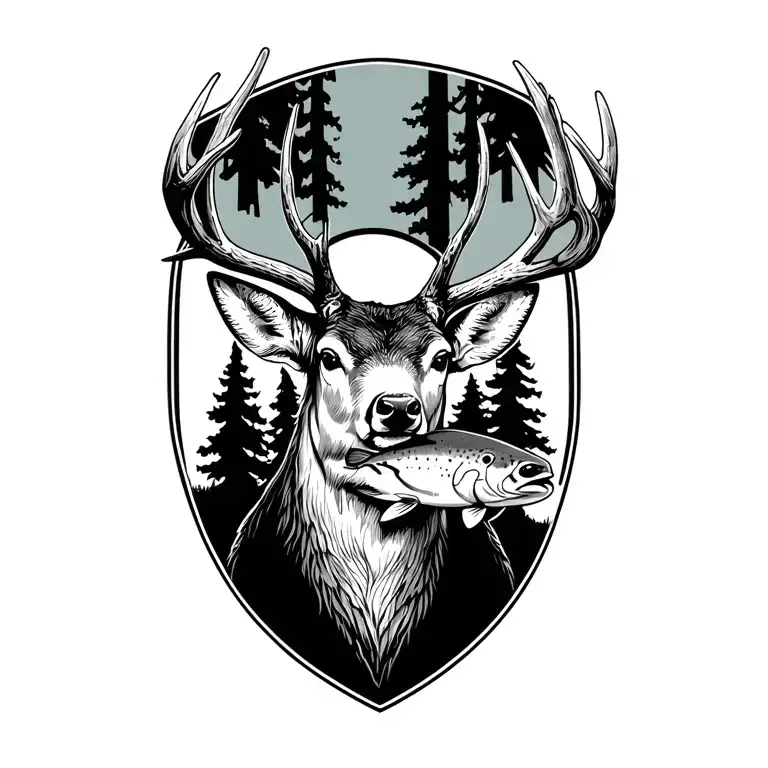 forest Sven with whitetail buck and trout tattoo design idea