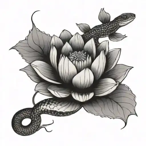 A delicate lotus flower and a snake that came out of the flower, a minimal and elegant design tattoo design idea