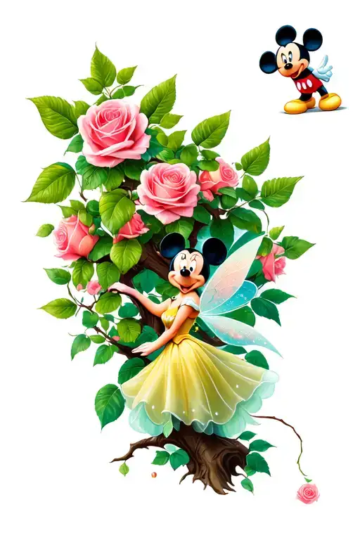 tinker bell rose tree with Mickey Mouse tattoo design idea