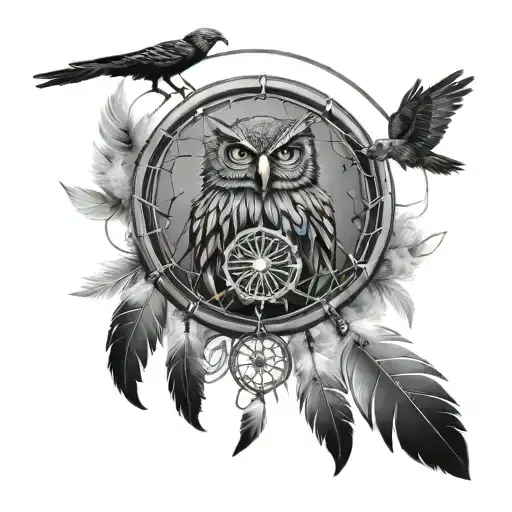 dream catcher with eagle and owl feathers tattoo design idea