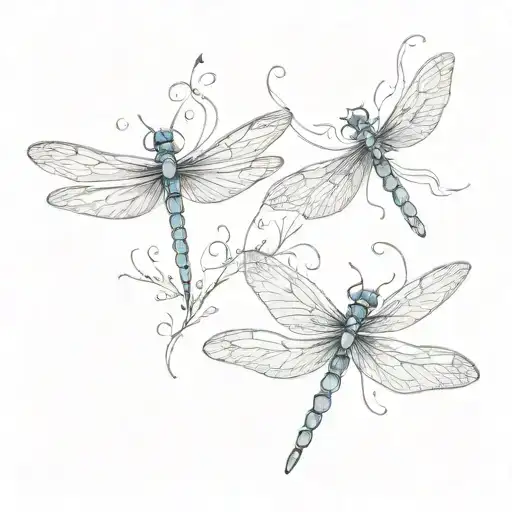 3 fine line dragonflies flying, one slightly bigger, 2 dainty flying above tattoo design idea