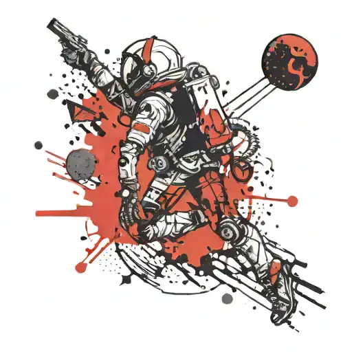"into the am" theme sleeve with a modern spaceman floating through space  tattoo design idea