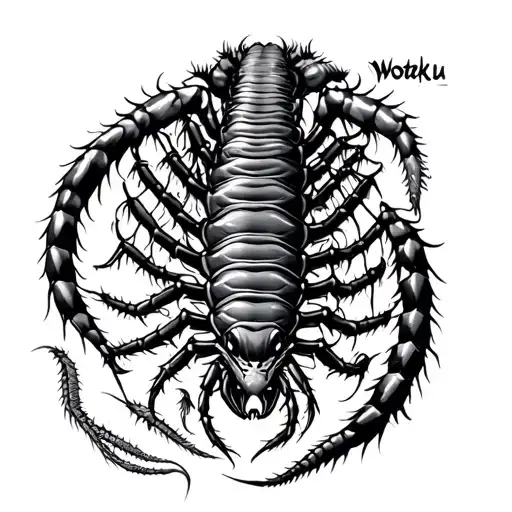 Wotaku written in japanese with centipede around it tattoo design idea
