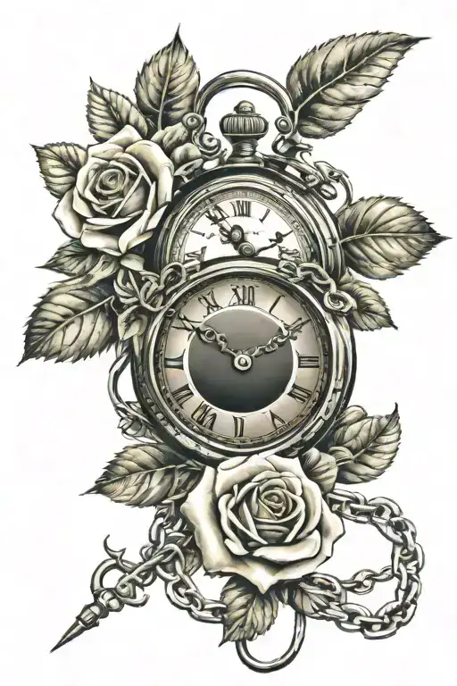 Roses color and clock and chain and leaf tattoo design idea