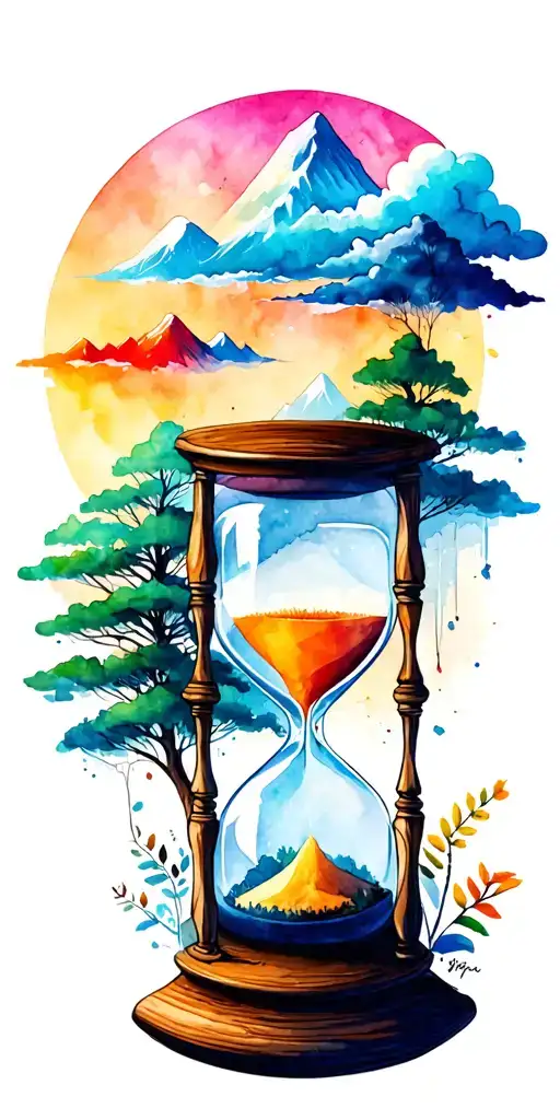 mountains, clouds, animals, hourglass , tree tattoo design idea