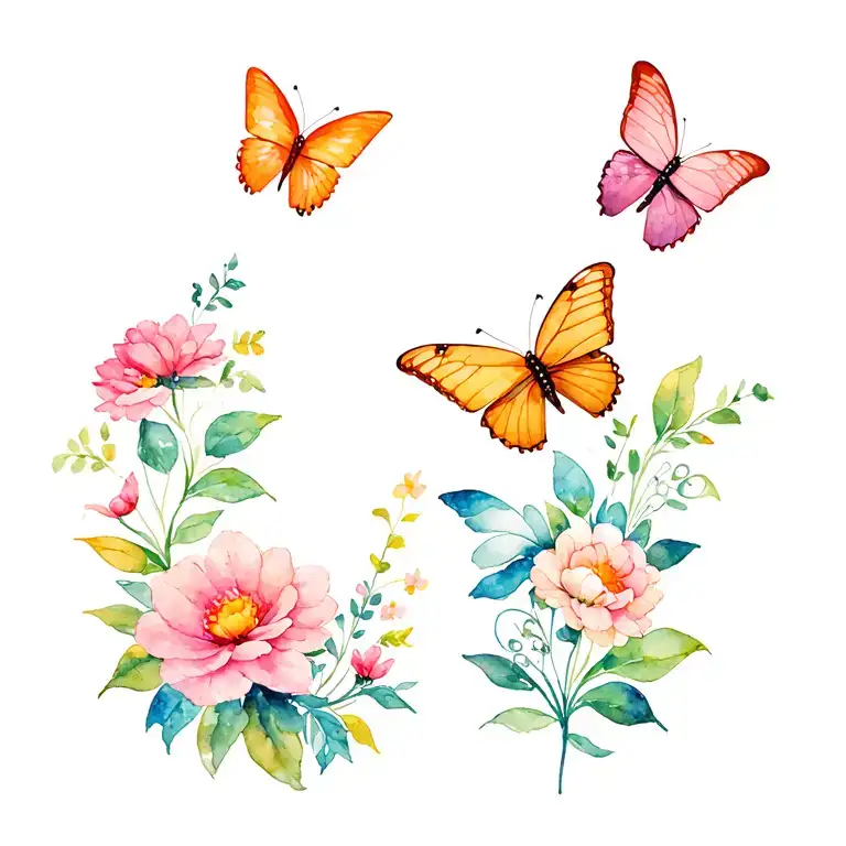 4 butterflies with flowers tattoo design idea