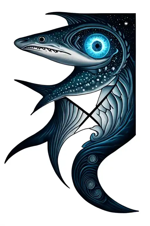 Lemurian starseed tattoo with spiral, whale shark markings, Pleiadian star cluster, triangle with third eye" tattoo design idea