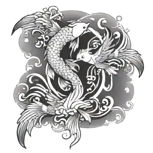 koi fish, japanese cranes and smoke design on arm tattoo design idea