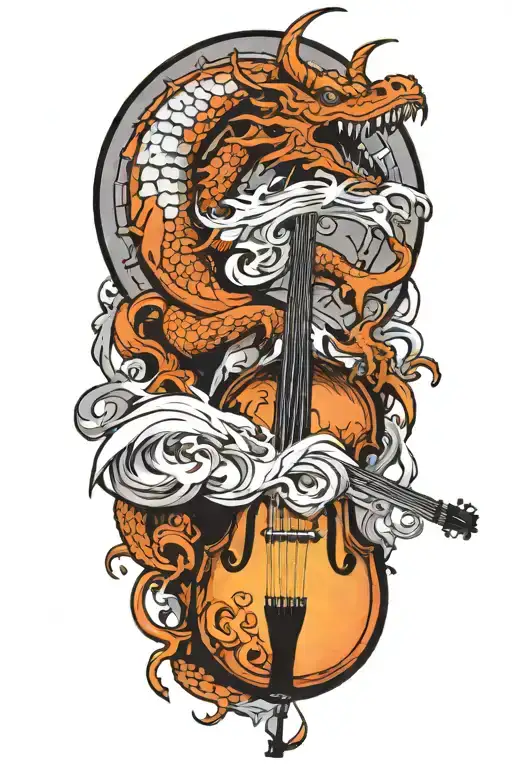 dragon curled around an upright bass tattoo design idea