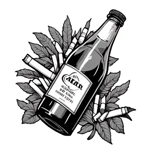 pack of cigarettes leaning on bottle tattoo design idea