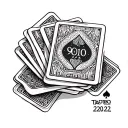 Create a tattoo design featuring a deck of cards and the numbers 90210 in a dotwork style tattoo design idea