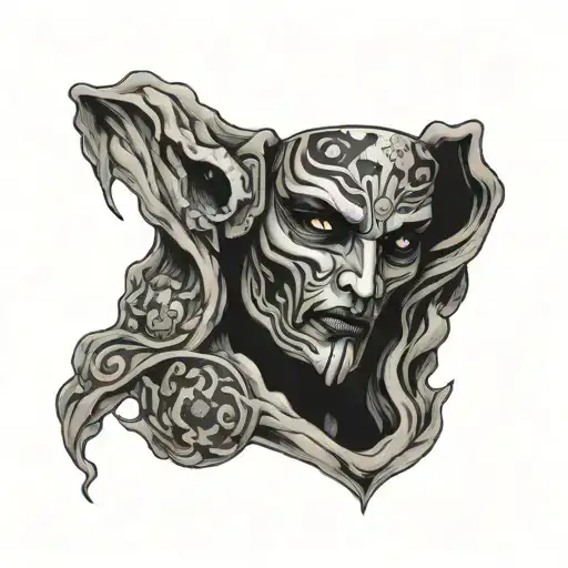 Ekkos face mask from arcane with jinx clouds surrounding tattoo design idea