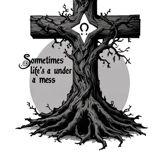 cross linked with a poison tree with the words sometimes life's a mess under with a semicolon, Julia Flores  tattoo design idea